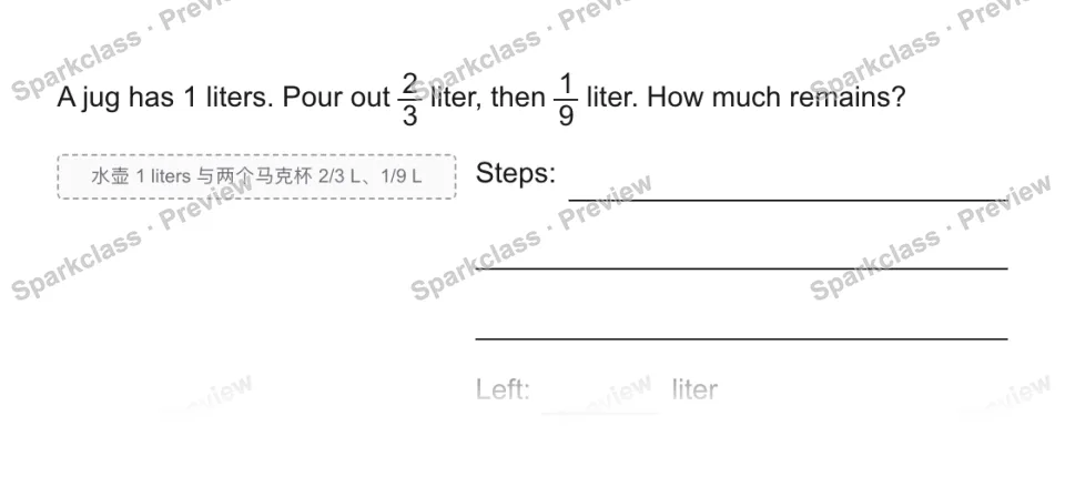 A jug has 1 liters. Pour out 2/3 liter, then 1/9 liter. How much remains? 水壶 1 liters 与两个马克杯 2/3 L、1/9 L Steps: Left: liter — page 1