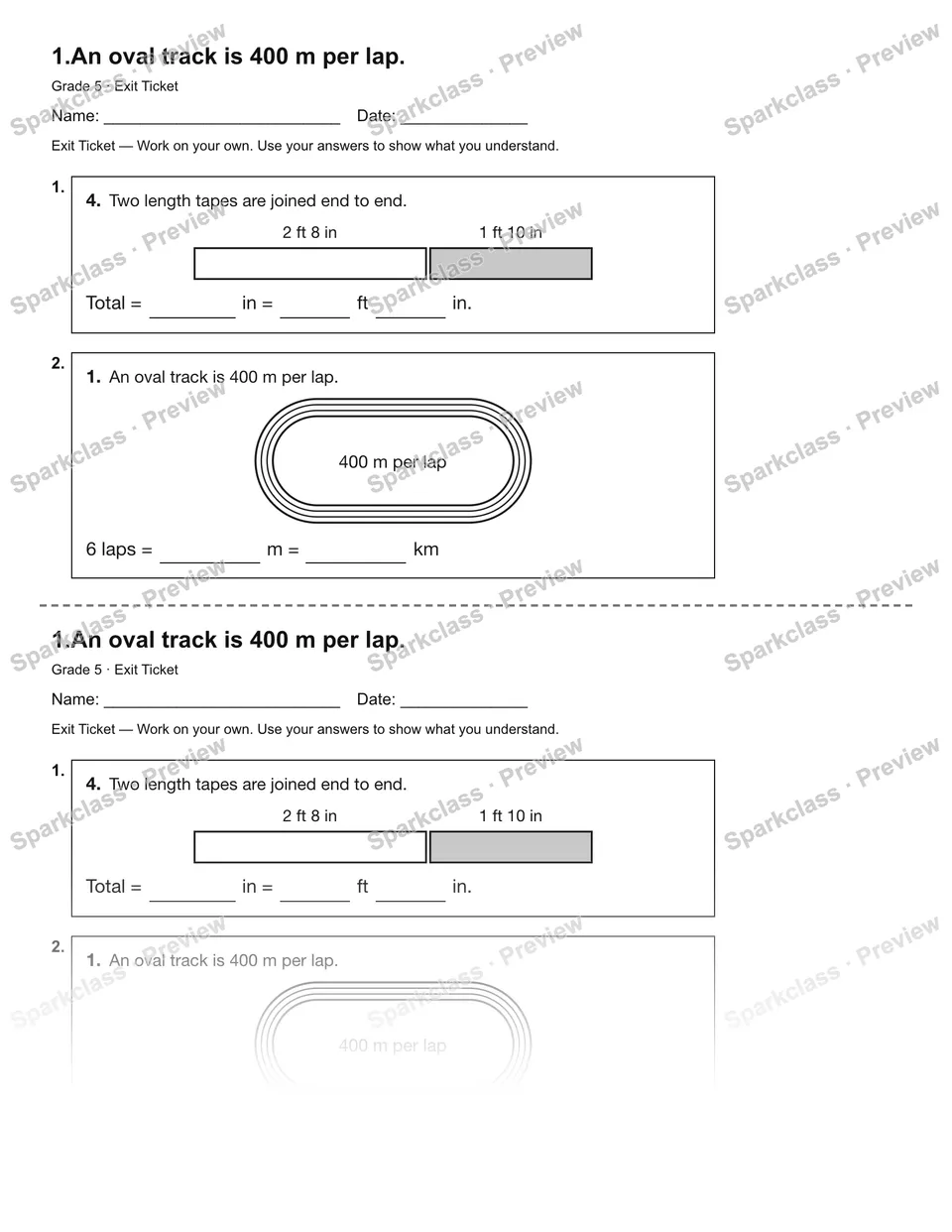 1.An oval track is 400 m per lap. — Exit Ticket — page 1
