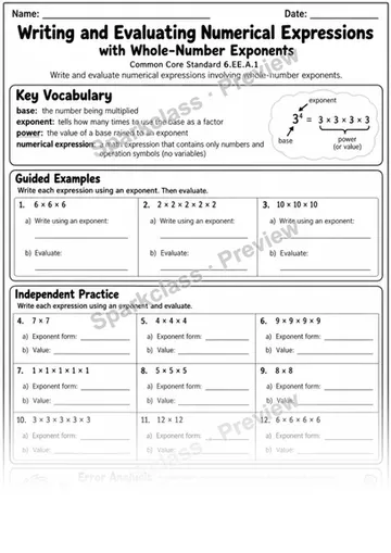 1 Exponents Error Analysis — Grade 6 worksheet preview