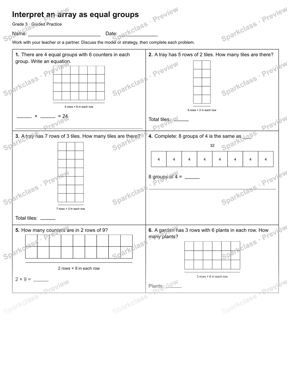Interpret an array as equal groups — Guided Practice — page 1