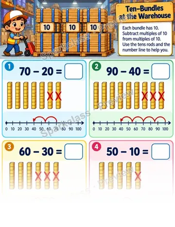 Subtract Tens Warehouse — Grade 1 worksheet preview