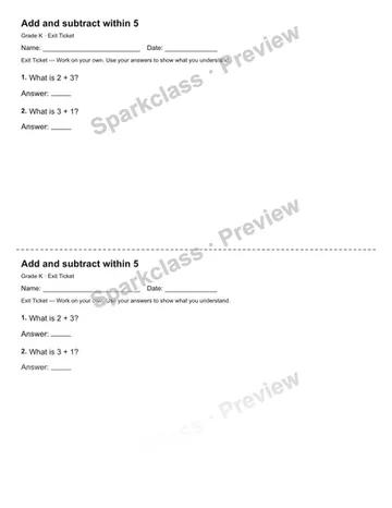 Add and subtract within 5 — Exit Ticket — Kindergarten worksheet preview