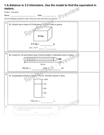 1.A distance is 3.2 kilometers. Use the model to find the equivalent in meters. — Homework — Grade 5 worksheet preview