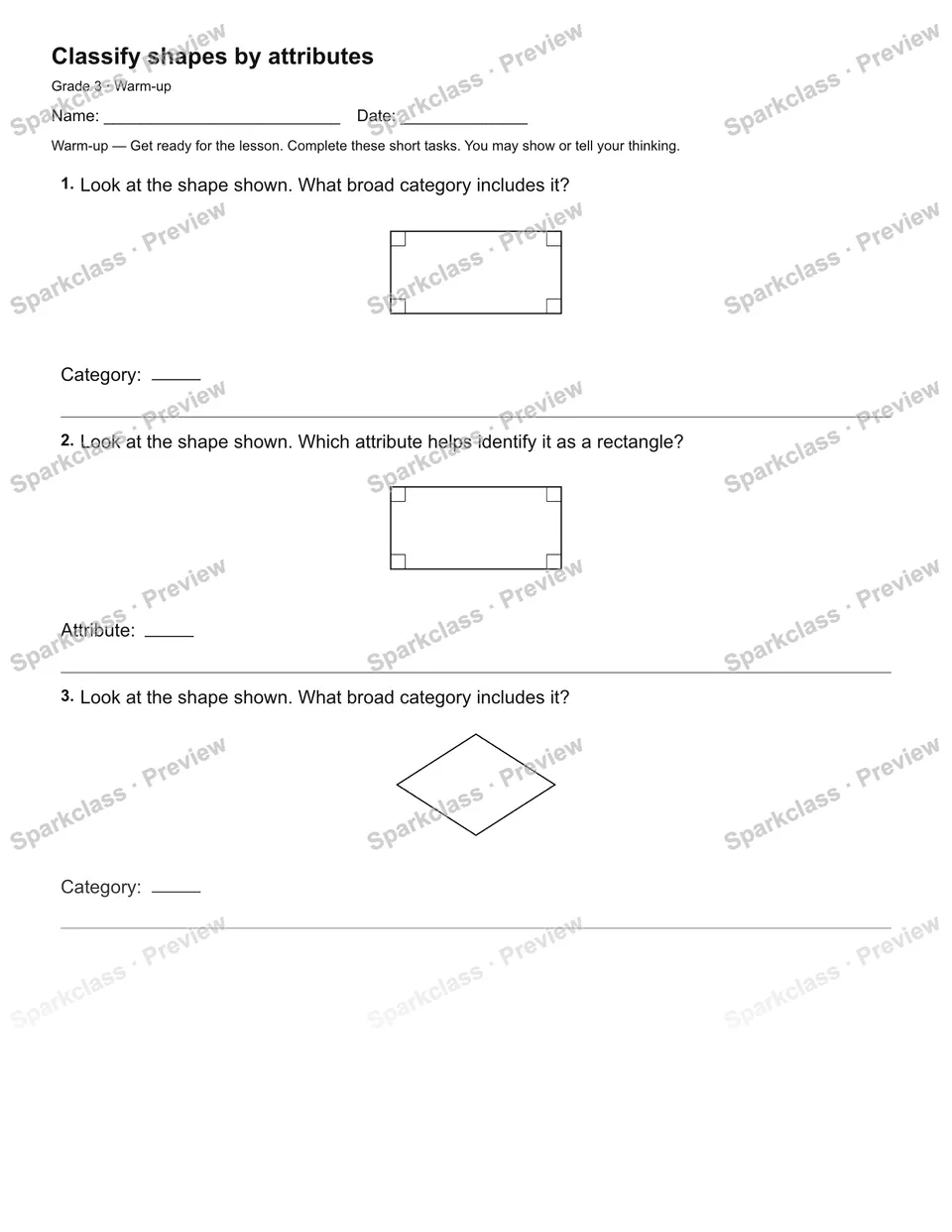 Classify shapes by attributes — Warm-up — page 1