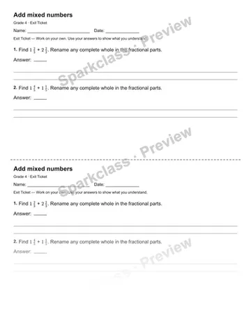Add mixed numbers — Exit Ticket — Grade 4 worksheet preview