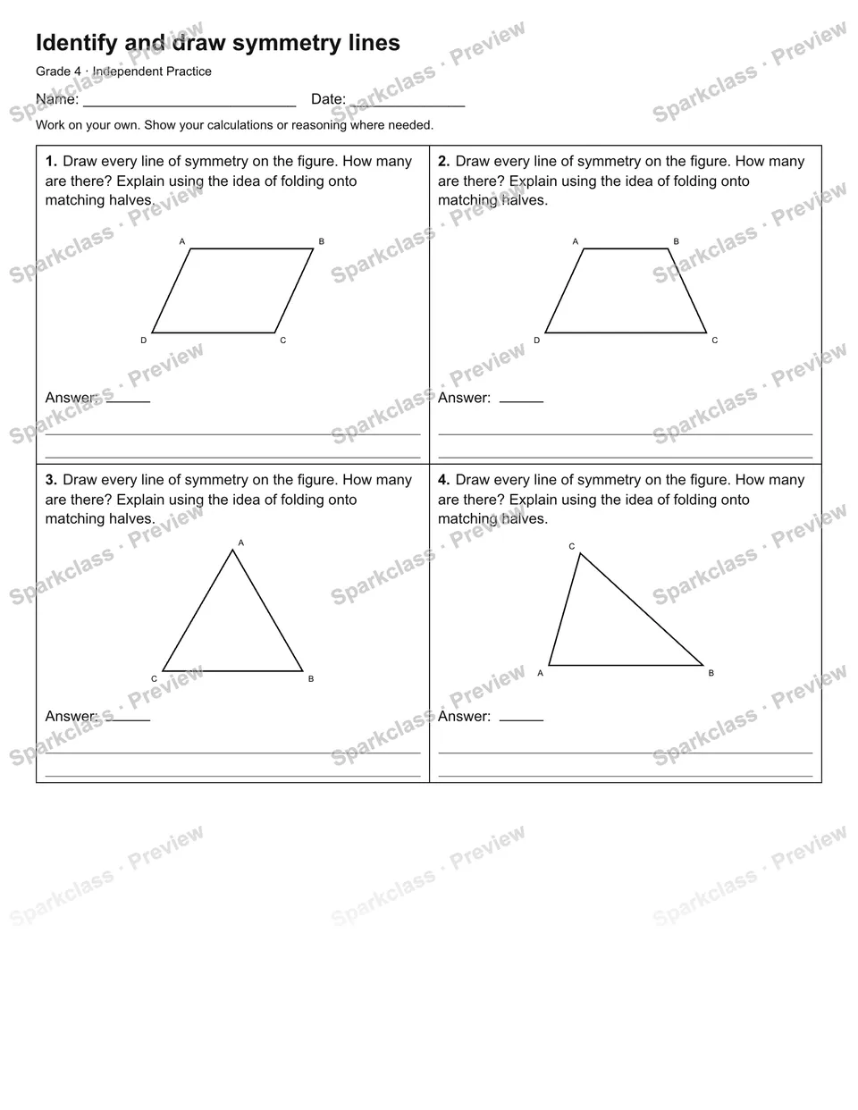 Identify and draw symmetry lines — Independent Practice — page 1