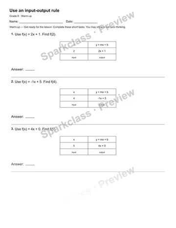 Use an input-output rule — Warm-up — Grade 8 worksheet preview