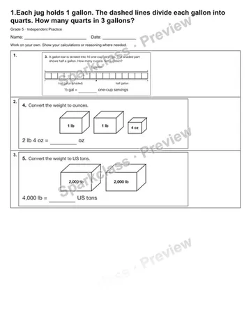 1.Each jug holds 1 gallon. The dashed lines divide each gallon into quarts. How many quarts in 3 gallons? — Independent Practice — Grade 5 worksheet preview