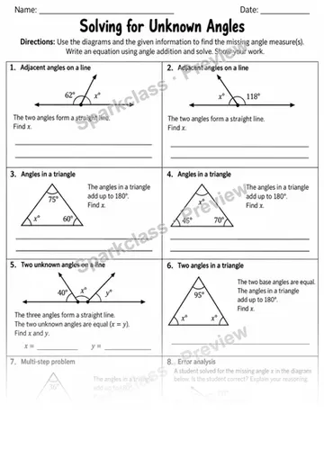 7 Unknown Angles — Grade 4 worksheet preview