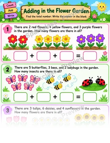 Garden Three Addends — Grade 1 worksheet preview