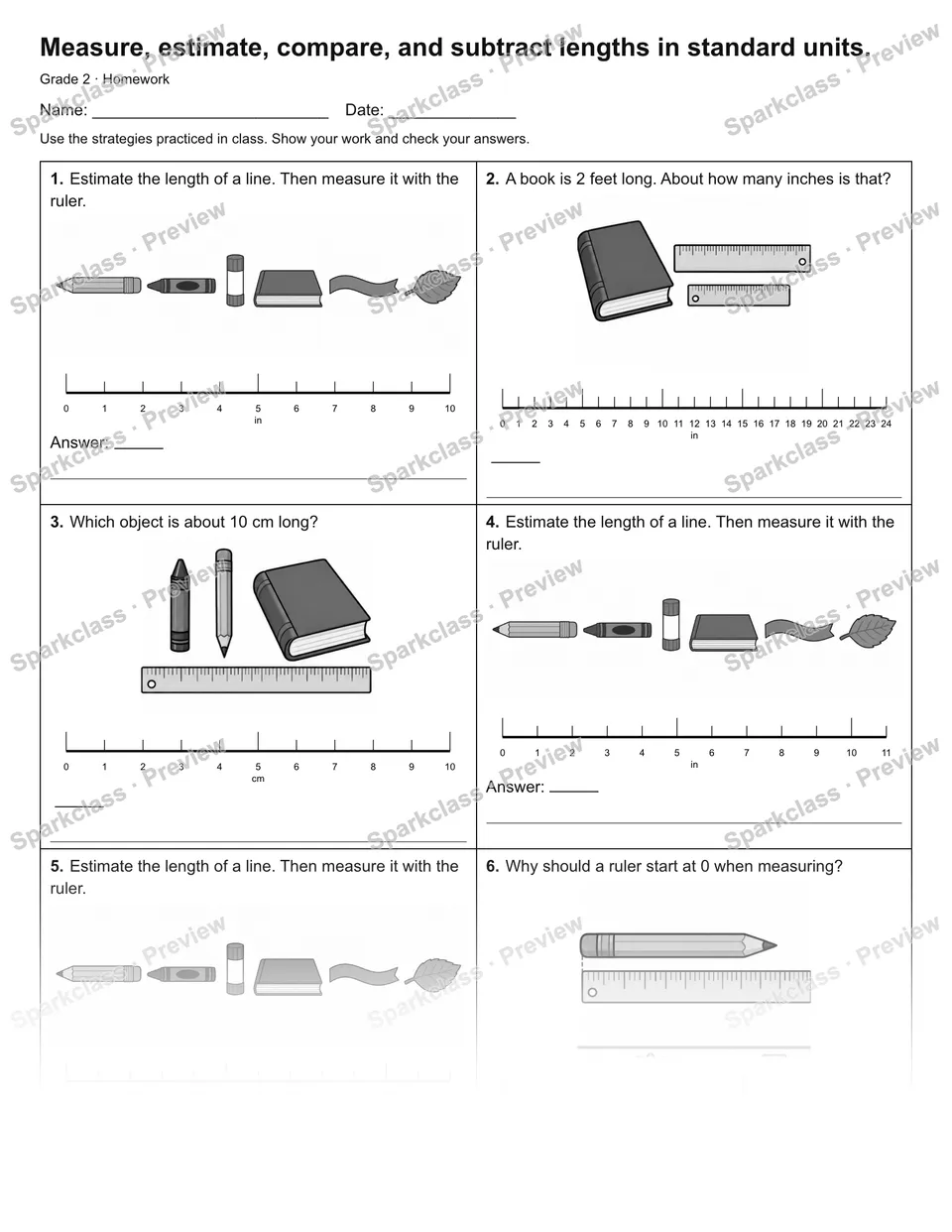 Measure, estimate, compare, and subtract lengths in standard units. — Homework — page 1