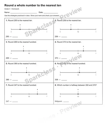 Round a whole number to the nearest ten — Homework — Grade 3 worksheet preview