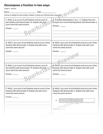 Decompose a fraction in two ways — Review — Grade 4 worksheet preview