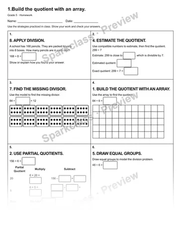 1.Build the quotient with an array. — Homework — Grade 5 worksheet preview