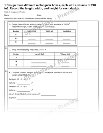 1.Design three different rectangular boxes, each with a volume of 240 in3. Record the length, width, and height for each design. — Independent Practice — Grade 5 worksheet preview