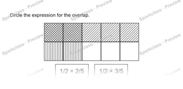 Circle the expression for the overlap. 1/2 × 2/5 1/2 × 3/5 — Grade 5 problem preview