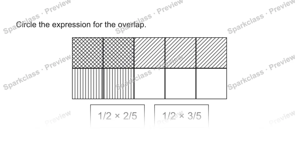Circle the expression for the overlap. 1/2 × 2/5 1/2 × 3/5 — page 1