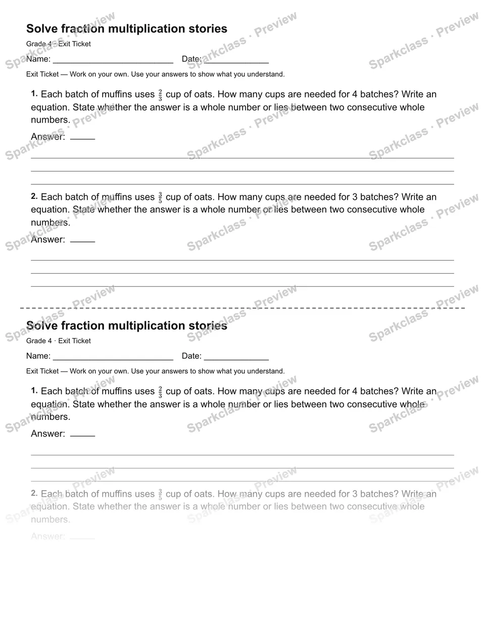 Solve fraction multiplication stories — Exit Ticket — page 1