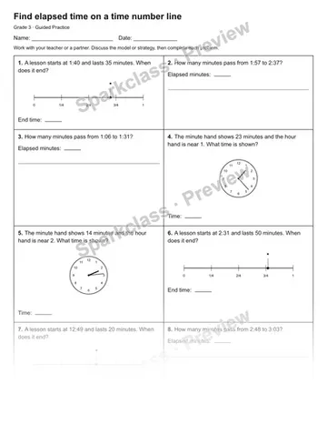 Find elapsed time on a time number line — Guided Practice — Grade 3 worksheet preview