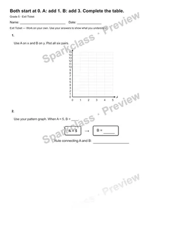 Both start at 0. A: add 1. B: add 3. Complete the table. — Exit Ticket — Grade 5 worksheet preview