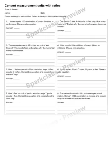 Convert measurement units with ratios — Review — Grade 6 worksheet preview