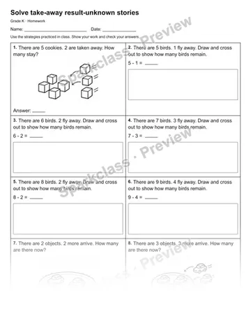 Solve take-away result-unknown stories — Homework — Kindergarten worksheet preview