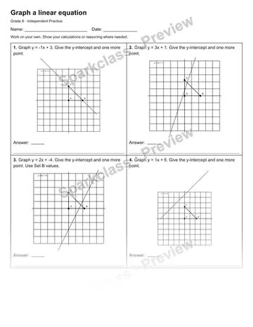 Graph a linear equation — Independent Practice — Grade 8 worksheet preview