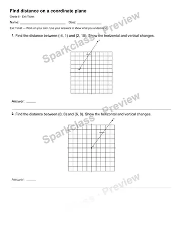 Find distance on a coordinate plane — Exit Ticket — Grade 8 worksheet preview