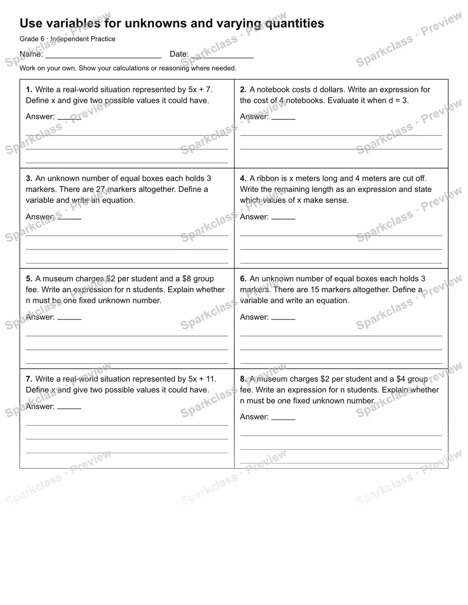 Use variables for unknowns and varying quantities — Independent Practice — page 1