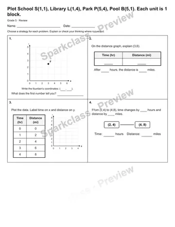 Plot School S(1,1), Library L(1,4), Park P(5,4), Pool B(5,1). Each unit is 1 block. — Review — Grade 5 worksheet preview