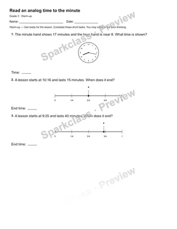 Read an analog time to the minute — Warm-up — Grade 3 worksheet preview