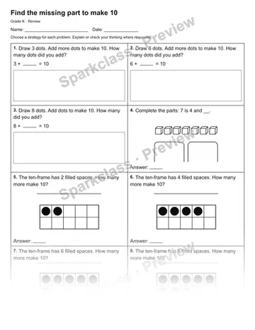 Find the missing part to make 10 — Review — Kindergarten worksheet preview
