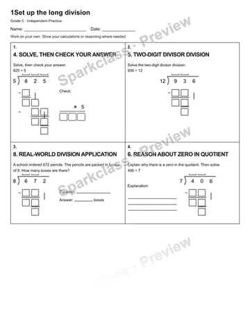 1Set up the long division — Independent Practice — Grade 5 worksheet preview