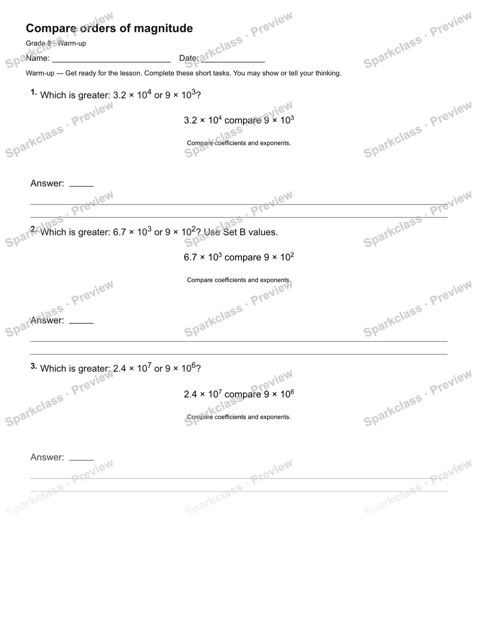 Compare orders of magnitude — Warm-up — page 2