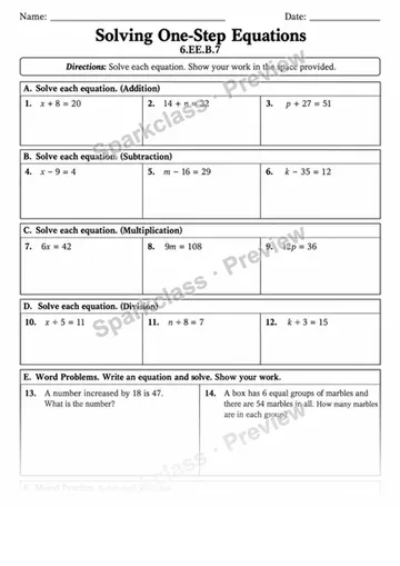 One-Step Equations Variant — Grade 6 worksheet preview