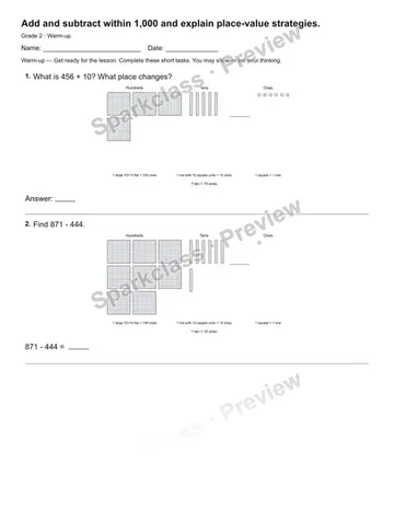 Add and subtract within 1,000 and explain place-value strategies. — Warm-up — Grade 2 worksheet preview