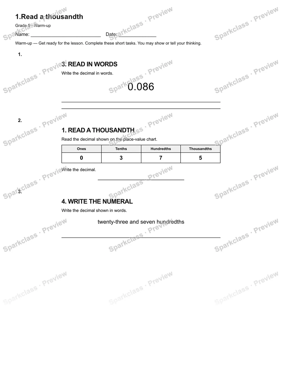 1.Read a thousandth — Warm-up — page 2
