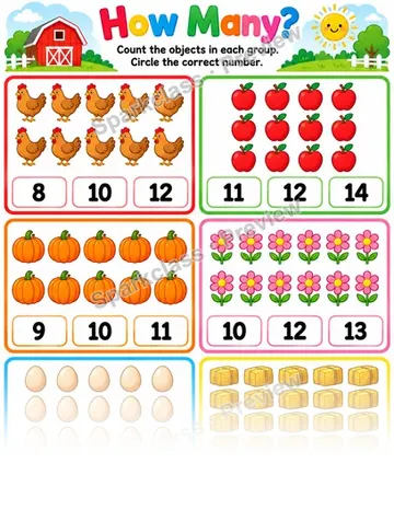 How Many? · Farm Counting — Kindergarten worksheet preview