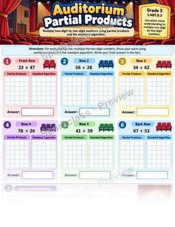 Partial Products — Grade 5 worksheet preview