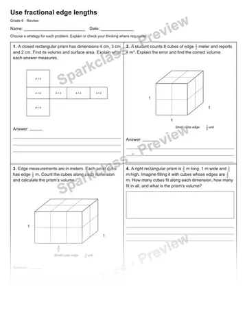 Use fractional edge lengths — Review — Grade 6 worksheet preview