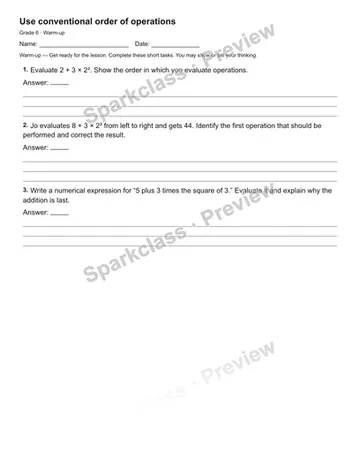 Use conventional order of operations — Warm-up — Grade 6 worksheet preview