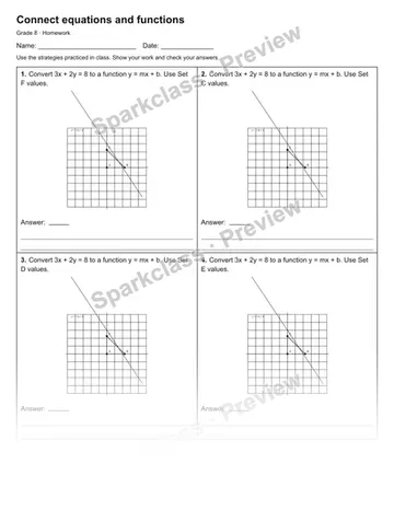 Connect equations and functions — Homework — Grade 8 worksheet preview