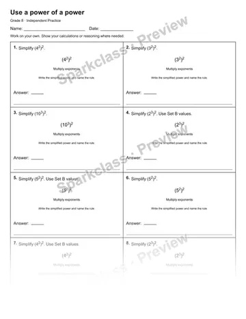 Use a power of a power — Independent Practice — Grade 8 worksheet preview