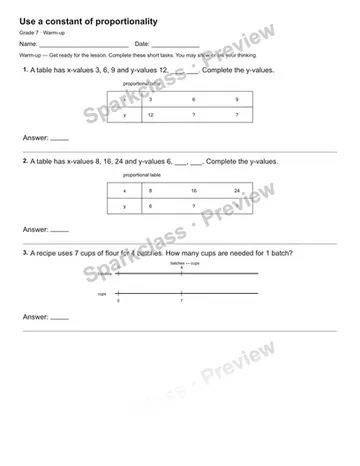Use a constant of proportionality — Warm-up — Grade 7 worksheet preview