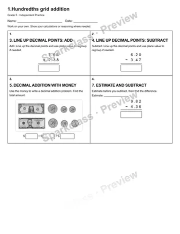 1.Hundredths grid addition — Independent Practice — Grade 5 worksheet preview
