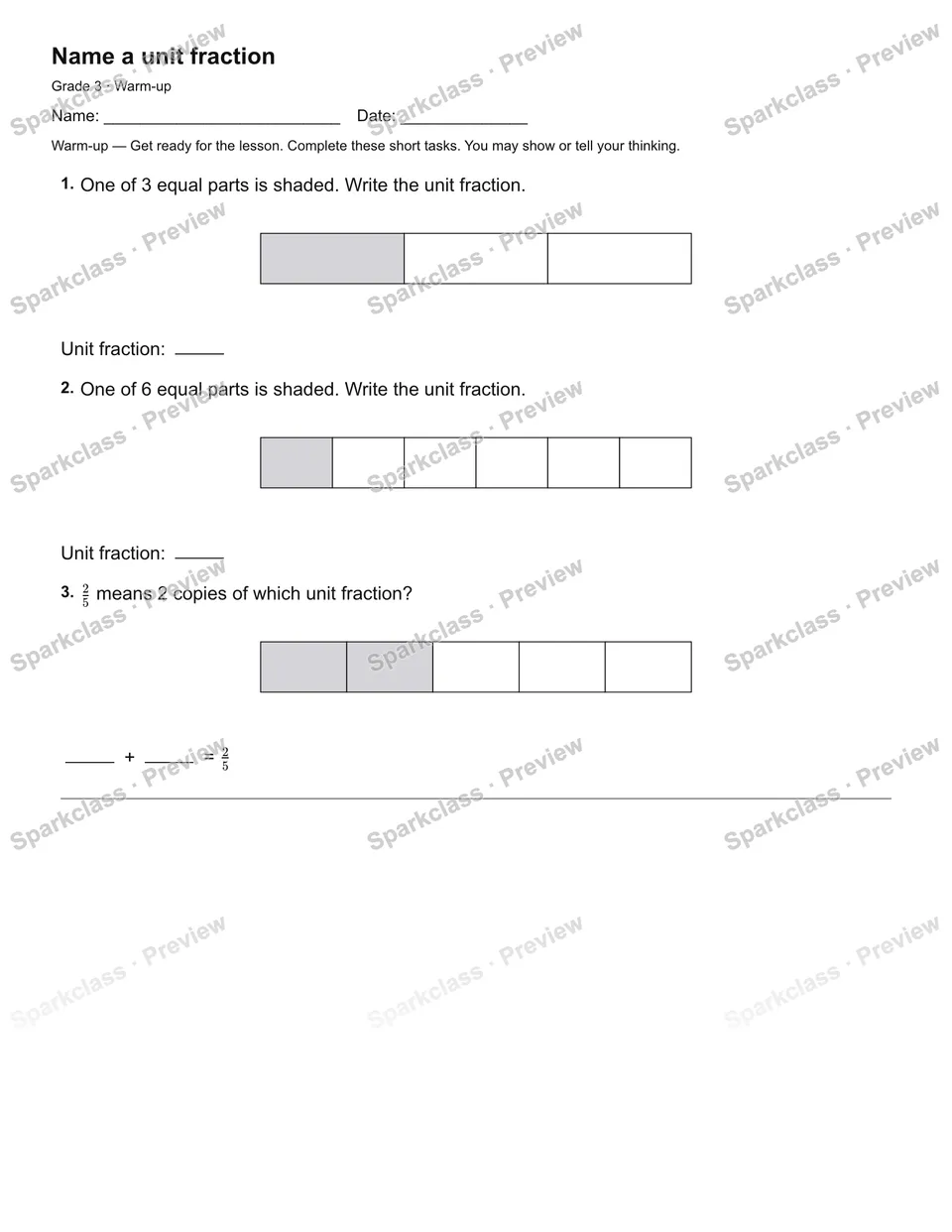 Name a unit fraction — Warm-up — page 1