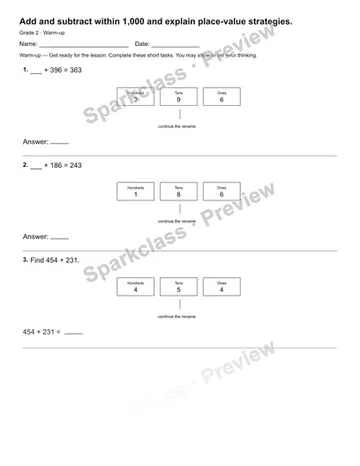 Add and subtract within 1,000 and explain place-value strategies. — Warm-up — Grade 2 worksheet preview