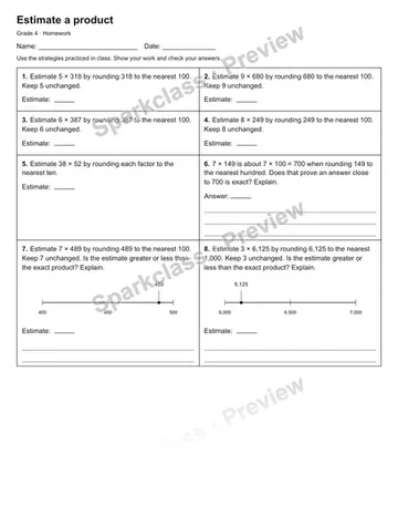 Estimate a product — Homework — Grade 4 worksheet preview