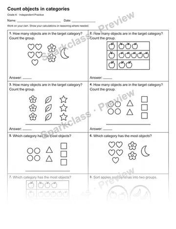 Count objects in categories — Independent Practice — Kindergarten worksheet preview