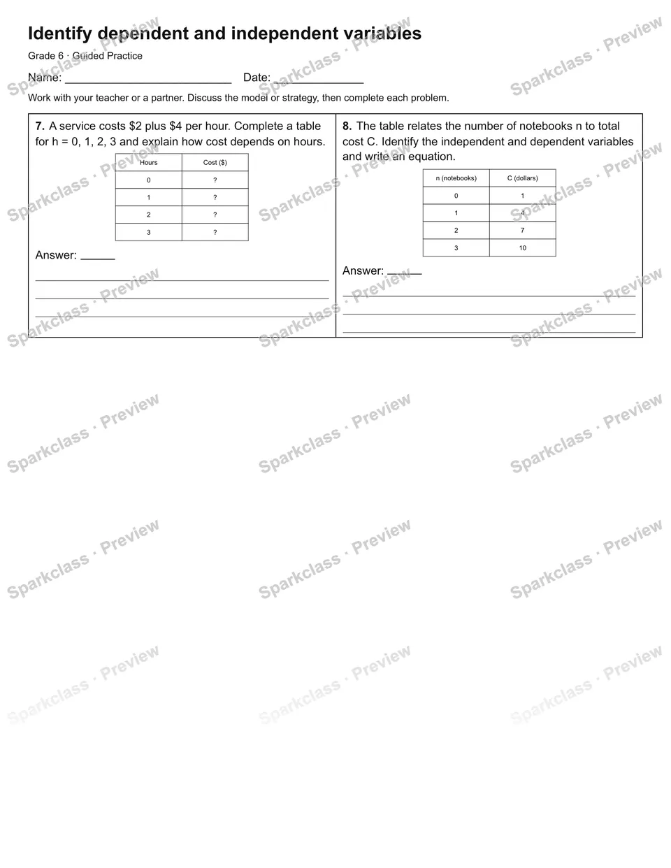 Identify dependent and independent variables — Guided Practice — page 2